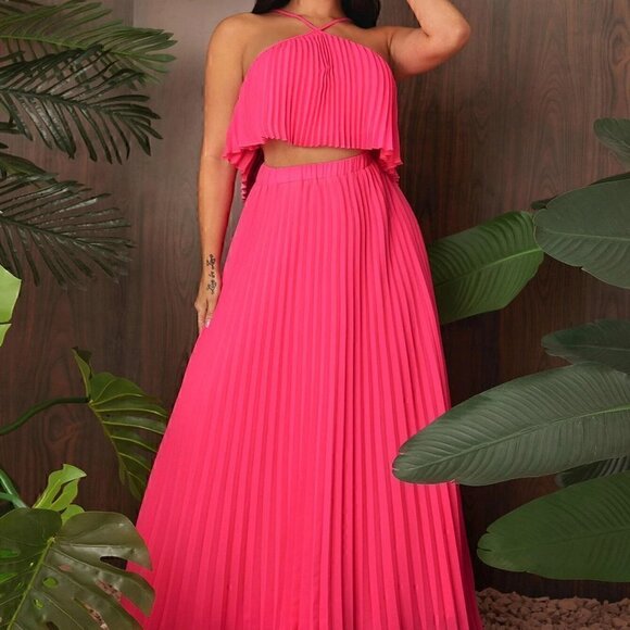 Pink Boho Womens Solid Pleated Halter Top & Skirt - Picture 4 of 6